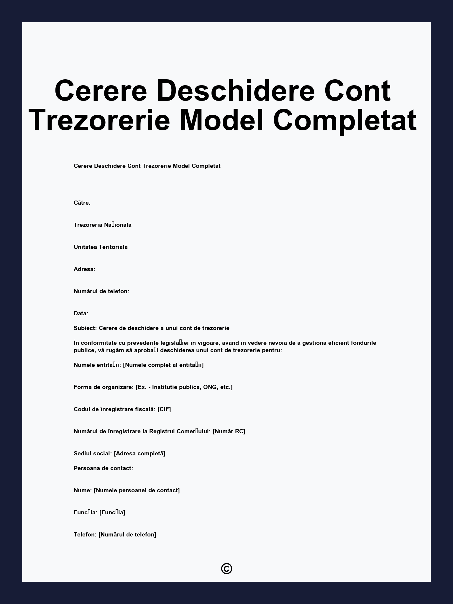 Cerere Deschidere Cont Trezorerie Model Completat