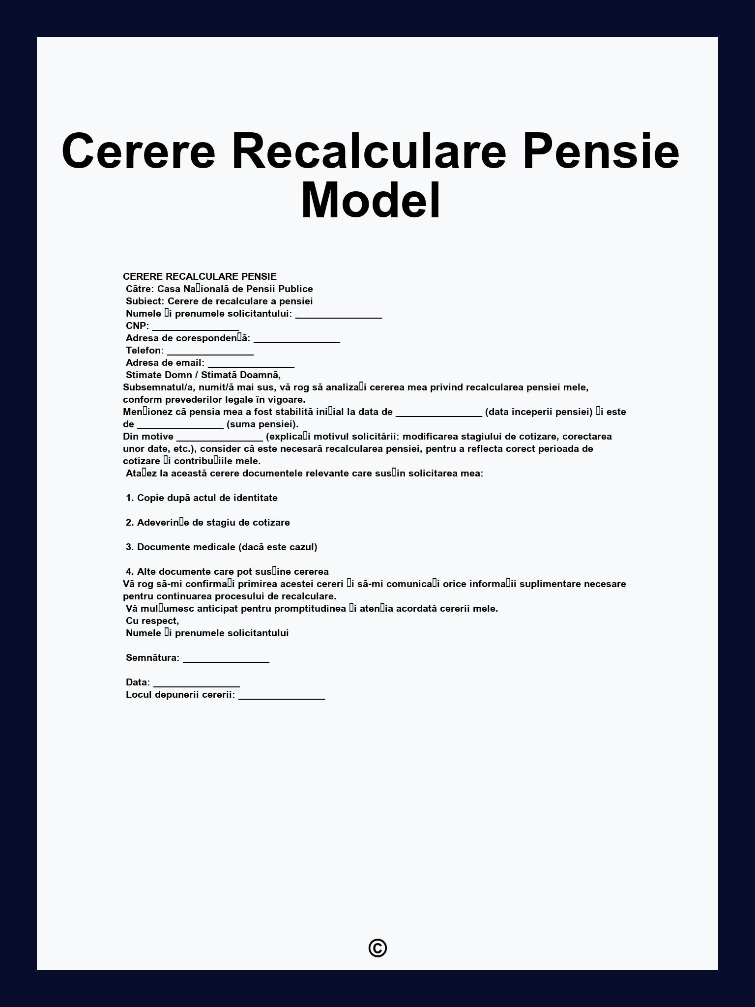 Cerere Recalculare Pensie Model