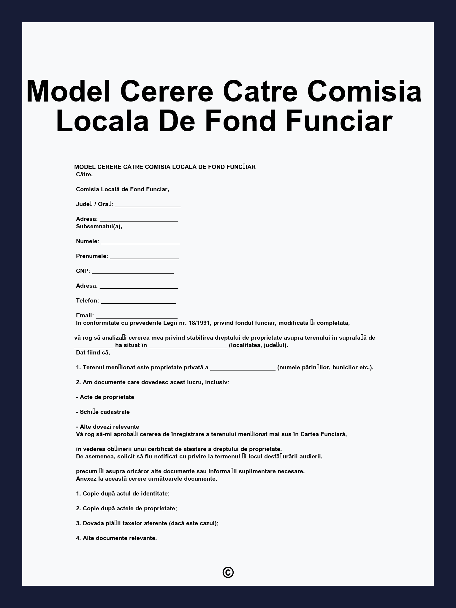 Model Cerere Catre Comisia Locala De Fond Funciar