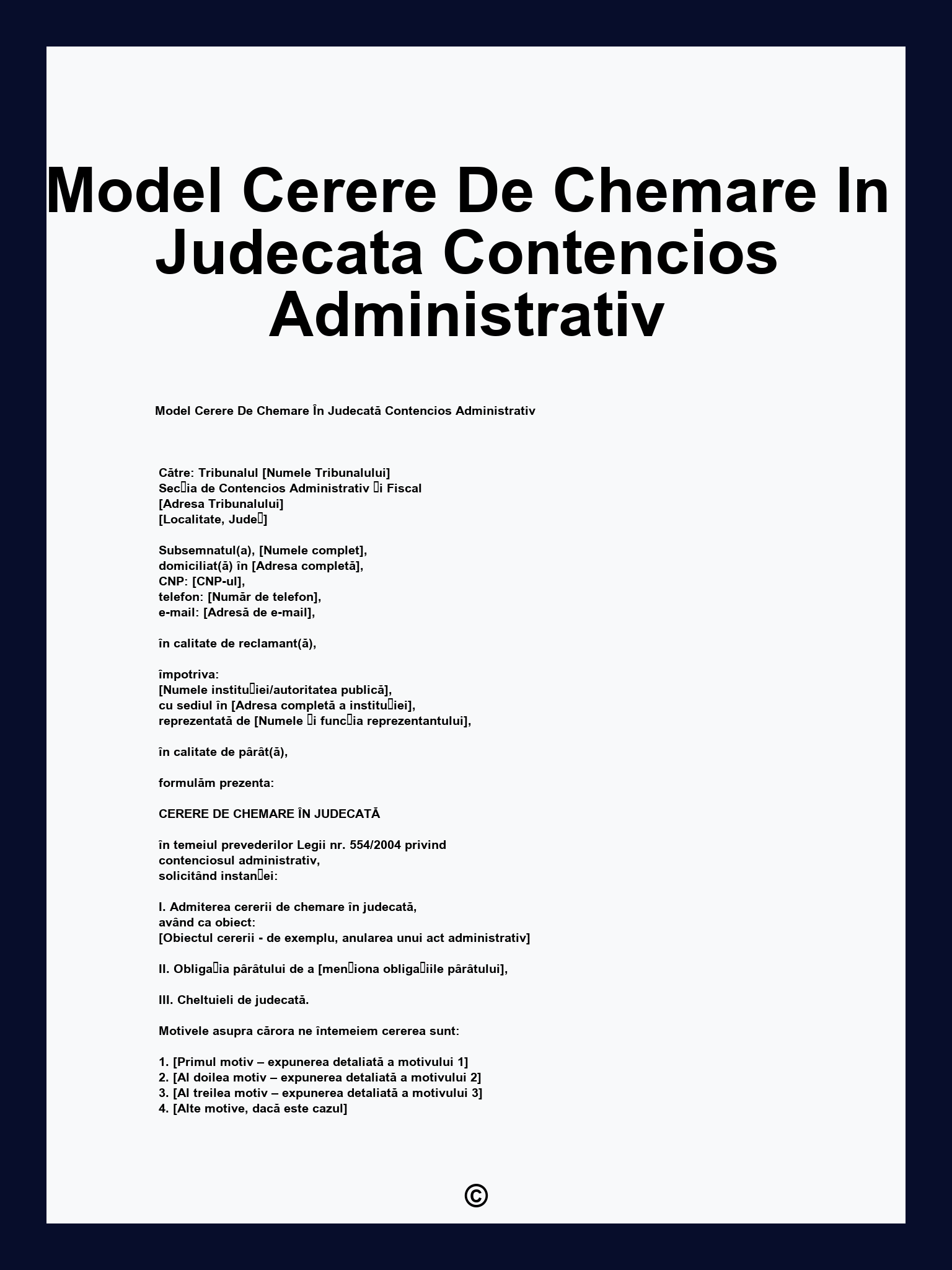 Model Cerere De Chemare In Judecata Contencios Administrativ