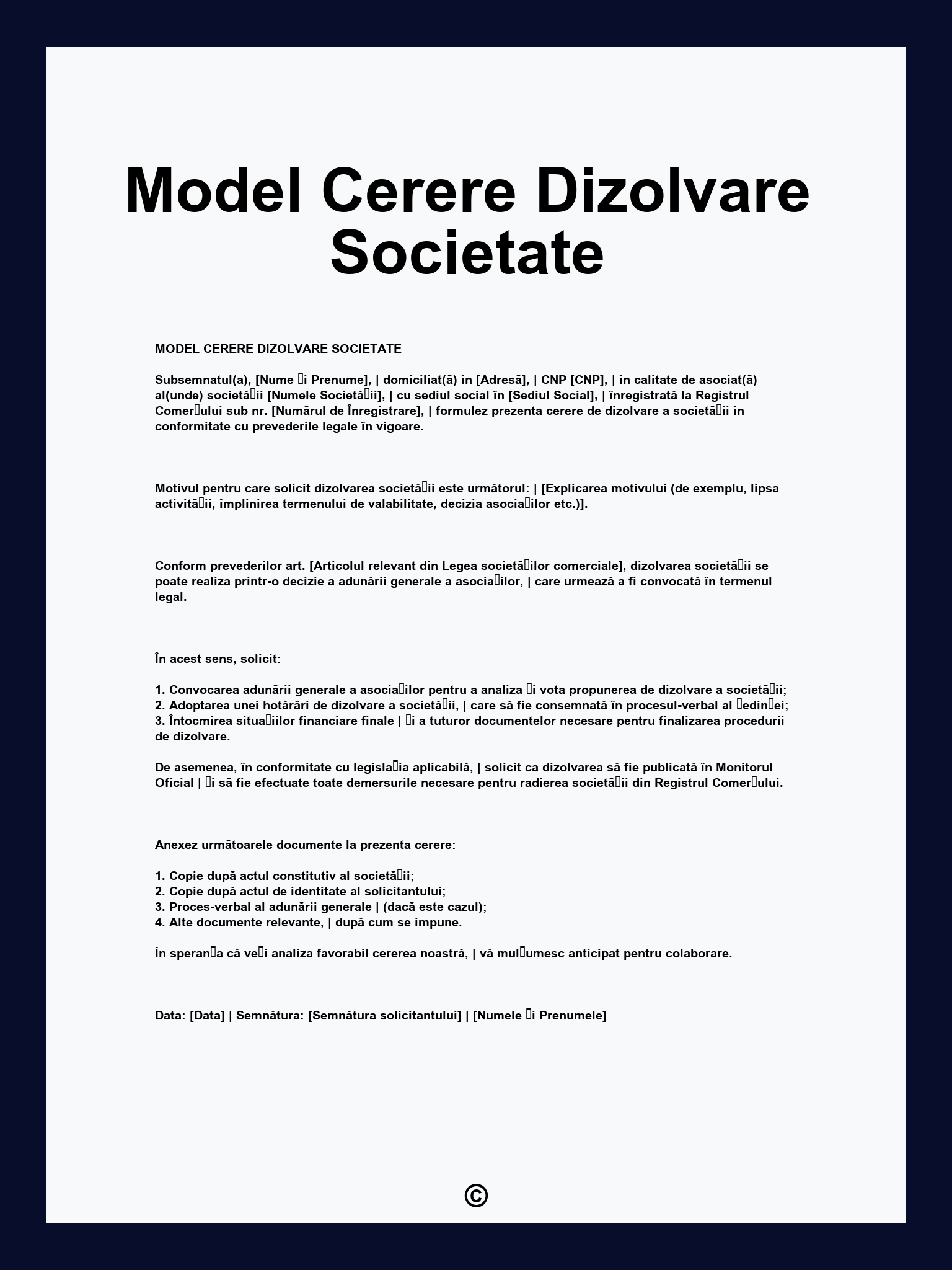 Model Cerere Dizolvare Societate