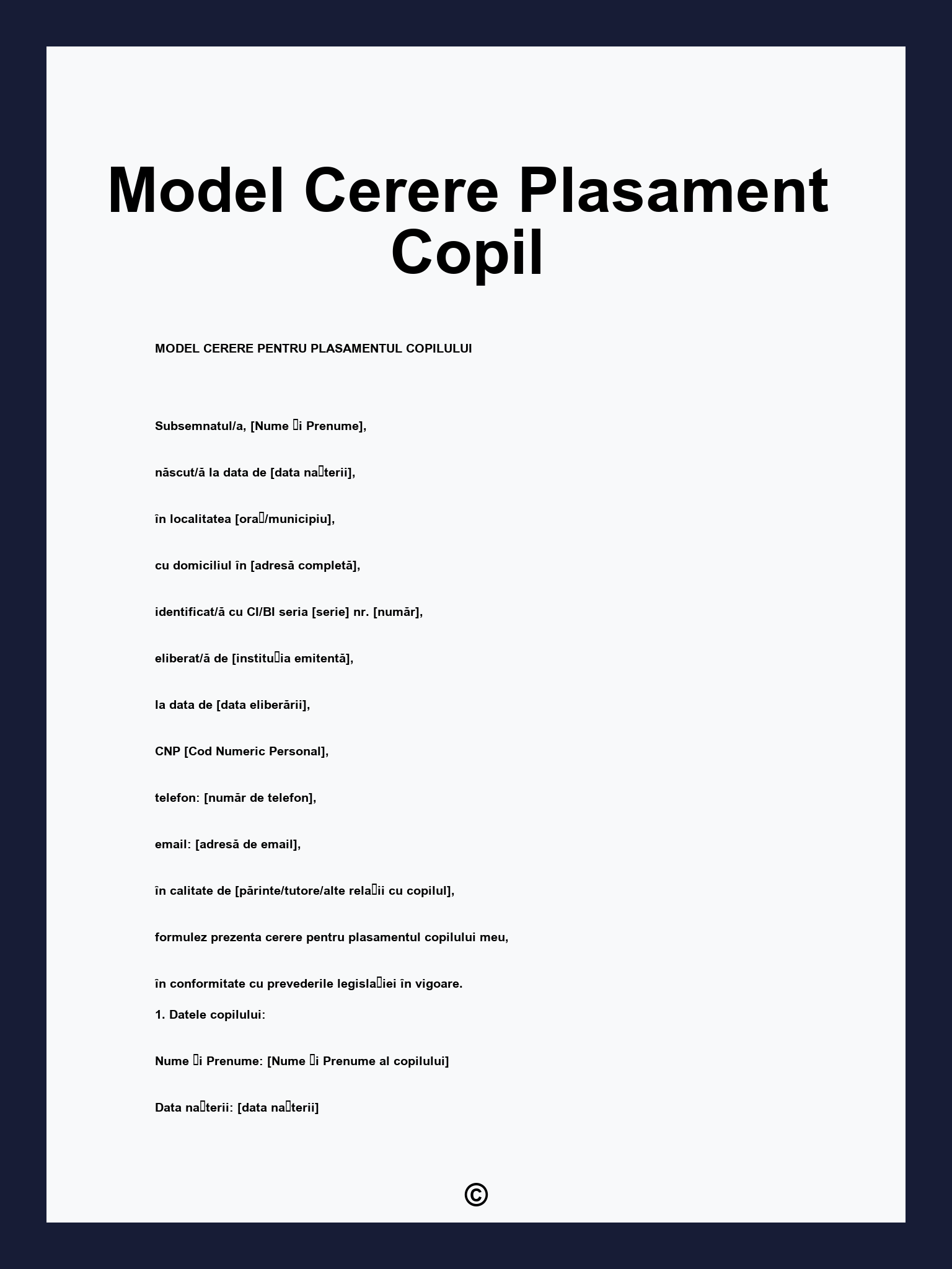 Model Cerere Plasament Copil