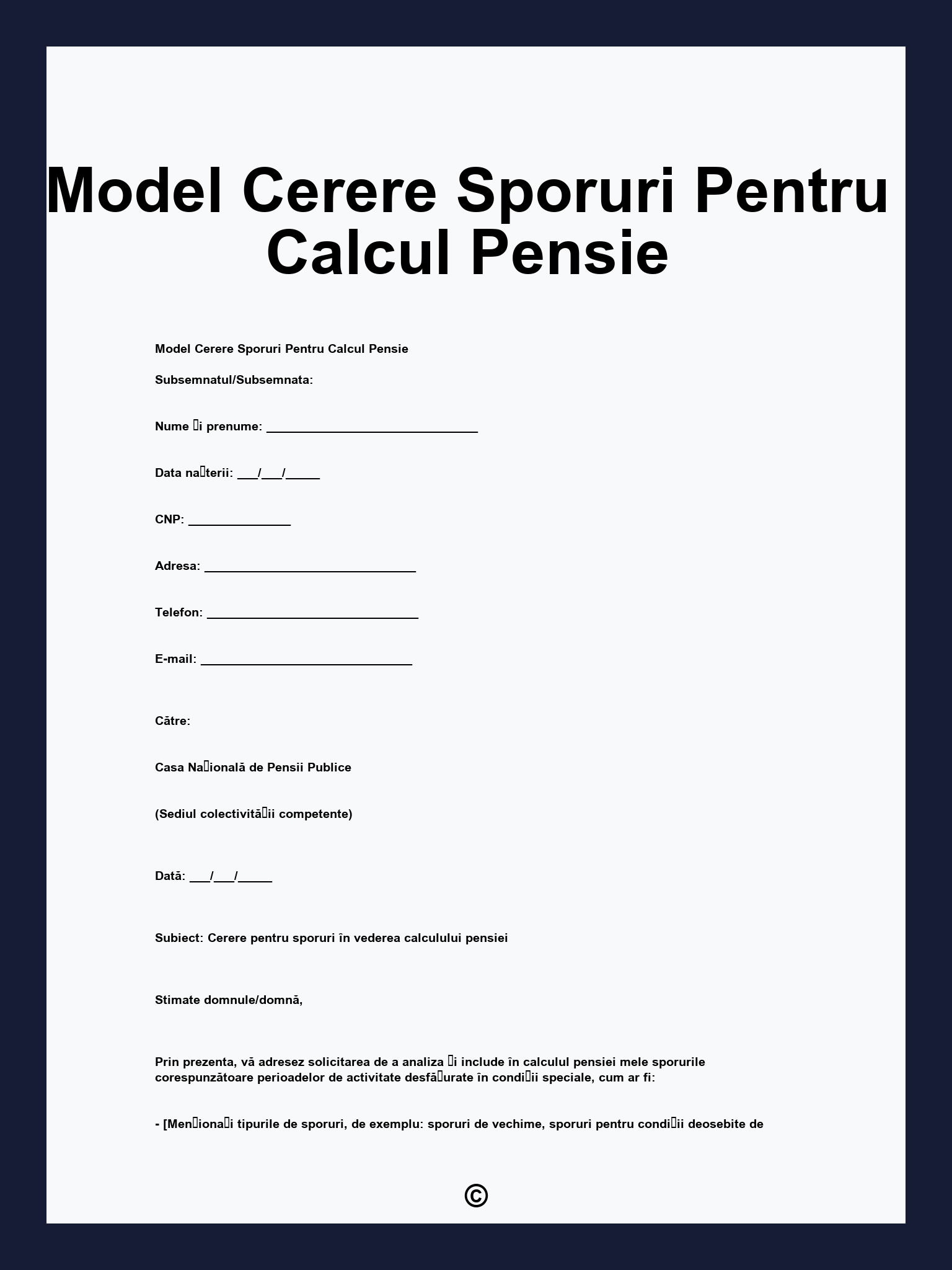 Model Cerere Sporuri Pentru Calcul Pensie