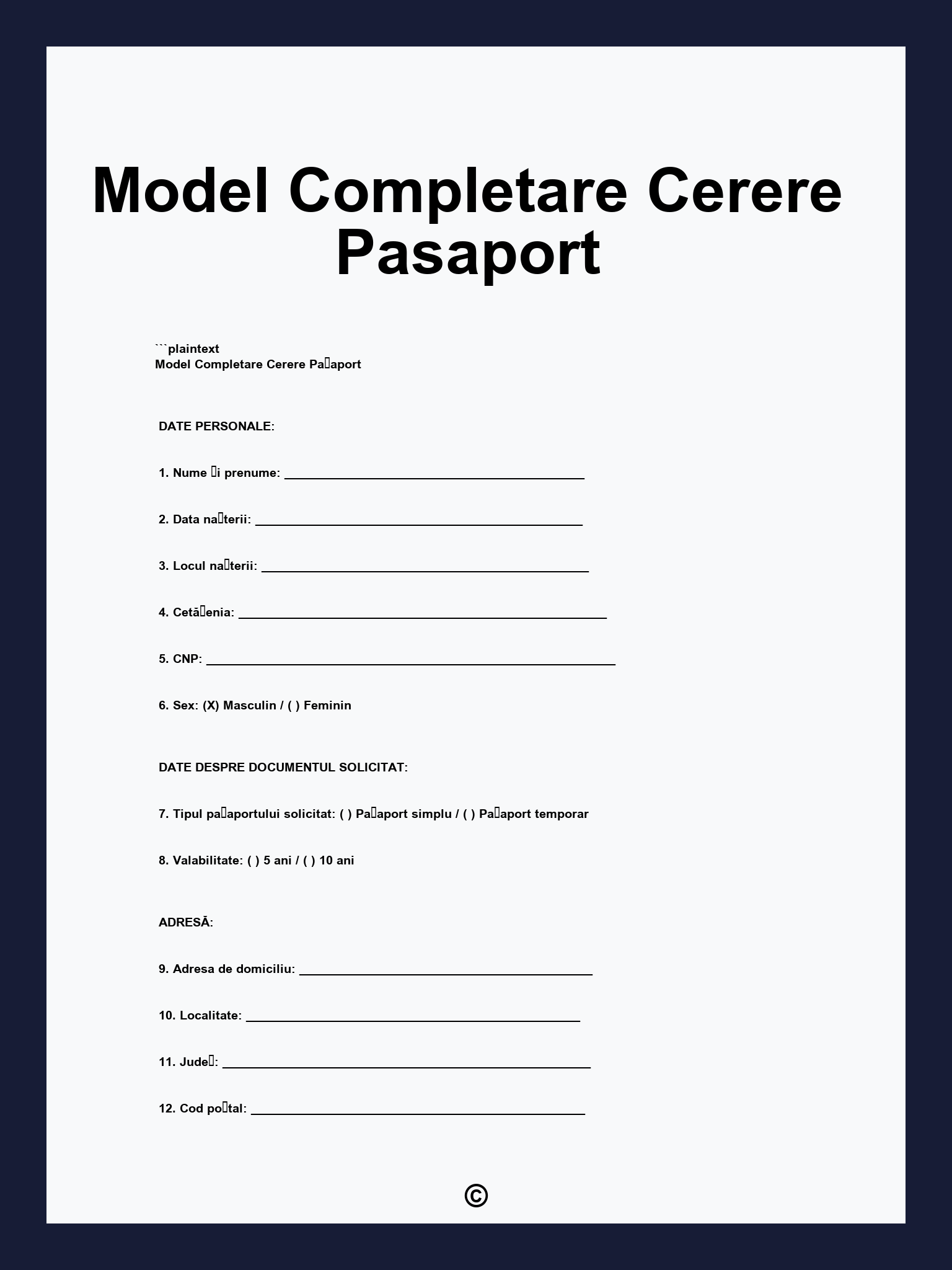 Model Completare Cerere Pasaport